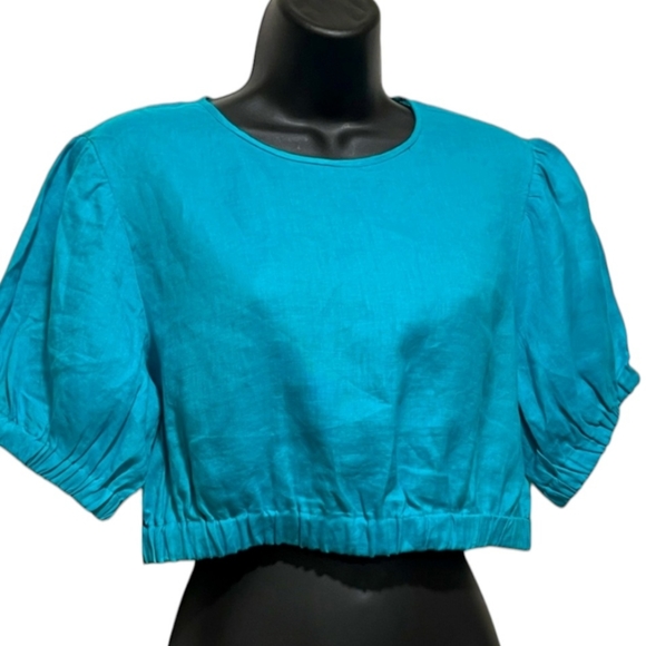 BROADWAY Linen Cropped Top Puffy Short Sleeve Turquoise Solid Color EU 38 Medium - Picture 6 of 6